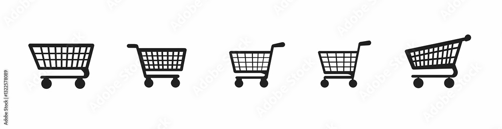 Shopping Cart Lineup: A minimalist depiction of five shopping carts, offering a versatile visual element for retail concepts and eCommerce designs, implying the process of shopping. Shopping Cart Lineup: A minimalist depiction of five shopping carts, offering a versatile visual element for retail concepts and eCommerce designs, implying the process of shopping.