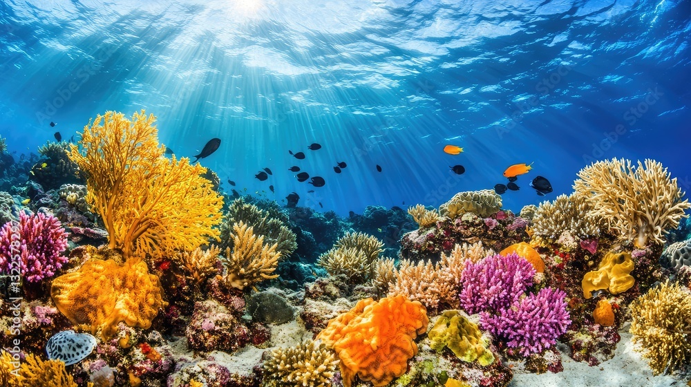 Obraz premium A flourishing coral reef with a diverse range of marine species, representing the results of marine conservation efforts.