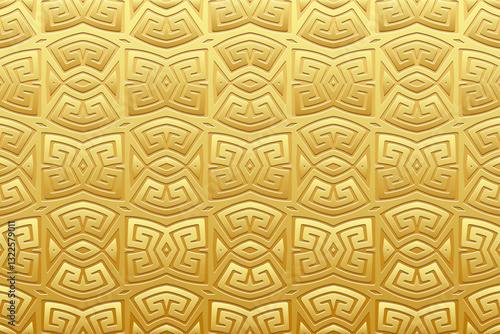 Geometric gold background, tribal design cover, banner. Greek gold 3d pattern, meander. Embossing, relief texture. Ornaments of the East, Asia, India, Mexico, Aztec, Peru. Ethnic composition.