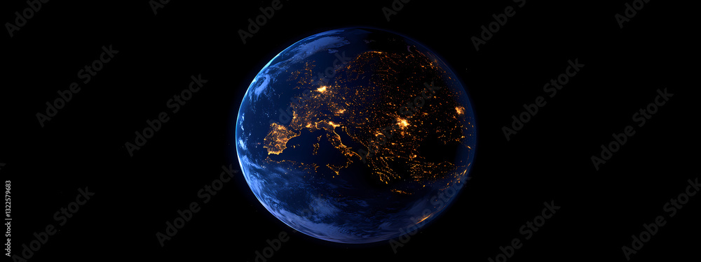 Obraz premium Night's Embrace: The illuminated Earth shimmers against the backdrop of the universe's endless black canvas, representing humanity's presence. The stunning imagery reflects the earth from space.