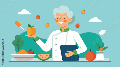 A nutritionist sharing tips on healthy eating and cooking a nutritious meal for seniors to try at the retreat.. Vector illustration
