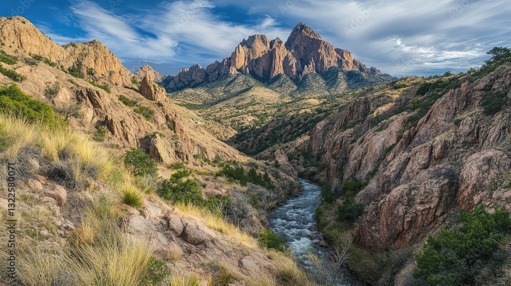 Fototapeta premium A rugged mountain landscape with towering peaks, steep cliffs, and a river running through a lush valley, wild and beautiful, with copy space.
