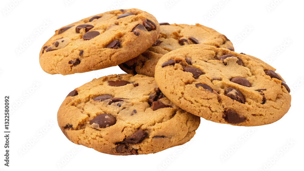 Freshly baked chocolate chip cookies with a golden brown texture and gooey chocolate chips, perfect for bakery branding and dessert illustrations on transparent background PNG Freshly baked chocolate chip cookies with a golden brown texture and gooey chocolate chips, perfect for bakery branding and dessert illustrations on transparent background PNG