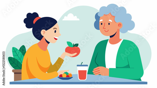 A nutritionist and an elderly woman discuss the importance of mindful eating and learning to listen to ones body when creating a nourishing holistic nutrition plan.. Vector illustration