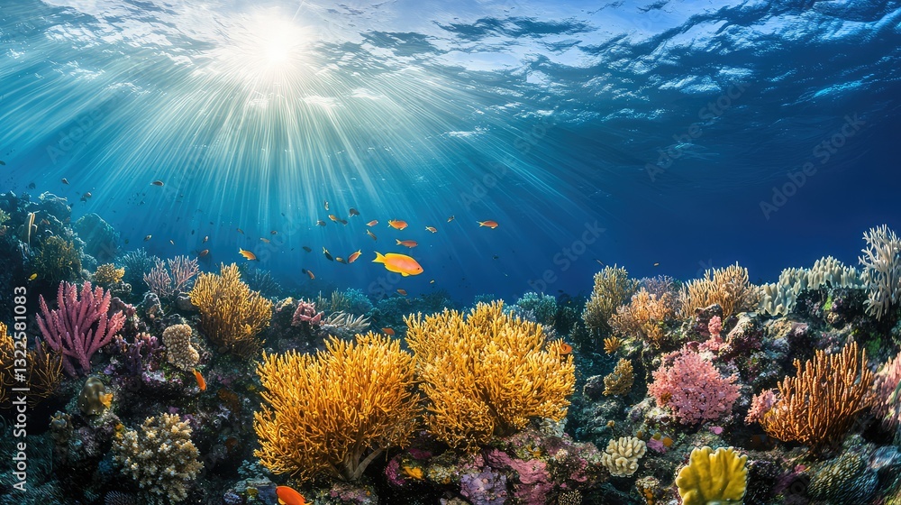 Naklejka premium A thriving coral ecosystem with an abundance of marine life, symbolizing the success of sustainable conservation practices.