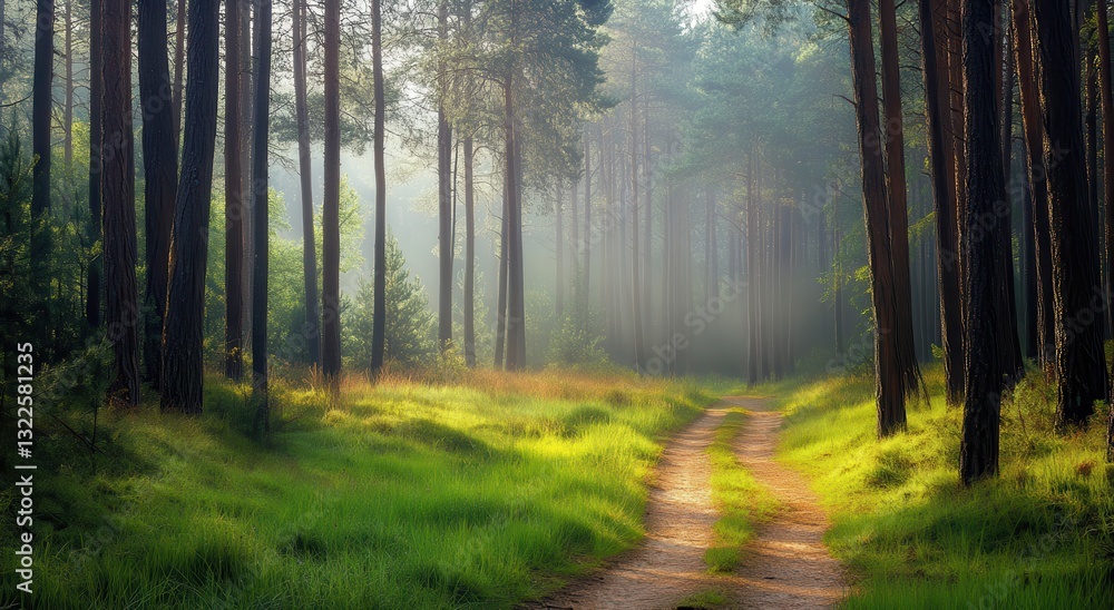 Obraz premium Serene Forest Pathway Surrounded by Tall Trees and Gentle Light Filtering Through Leaves in a Tranquil Natural Environment