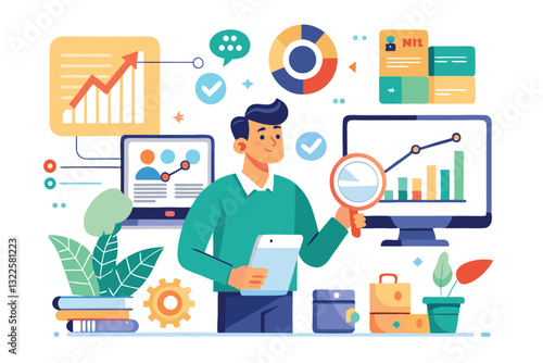 Data analyst oversees and governs income, expenses with magnifier. Financial management system, finance software, IT management tool concept