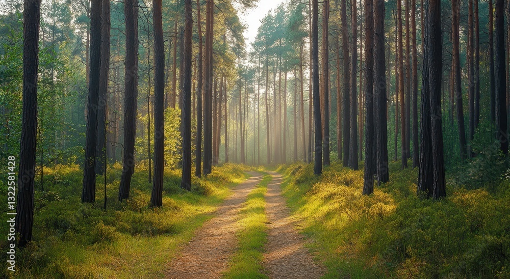 Fototapeta premium Serene Forest Pathway Surrounded by Majestic Trees and Gentle Sunlight Filtering Through Leaves in a Peaceful Woodland Setting