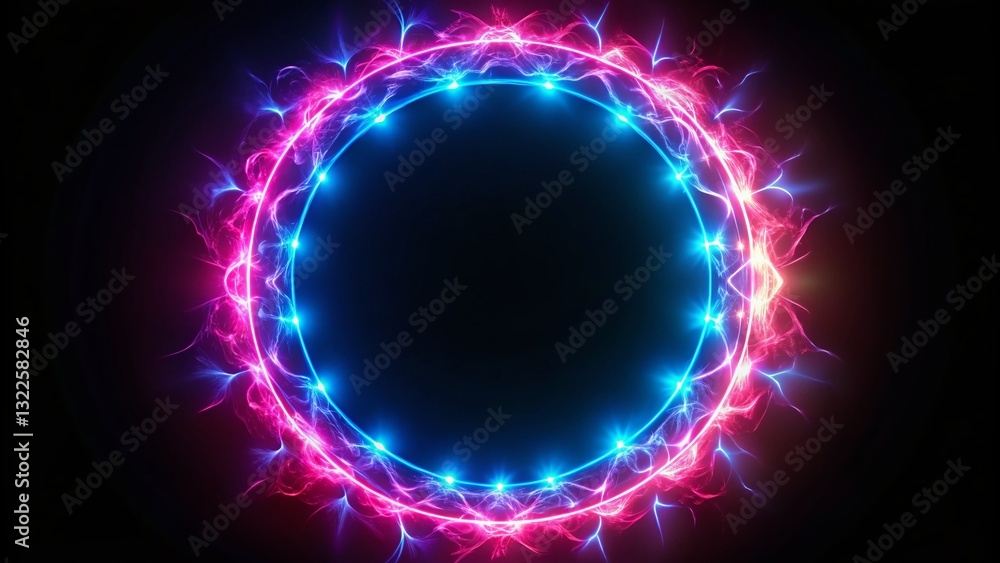 Obraz premium Glowing Neon Round Frame, Pink & Blue Electric Light Border, Dark Background, Aerial View