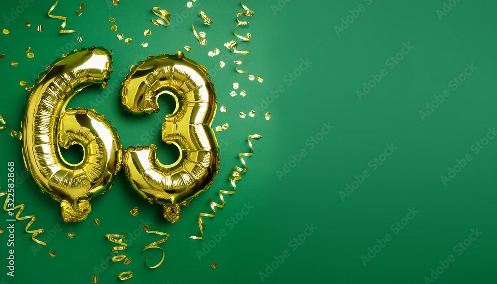 Banner with number 63 balloons on green background with copy space. Generated image Banner with number 63 balloons on green background with copy space. Generated image