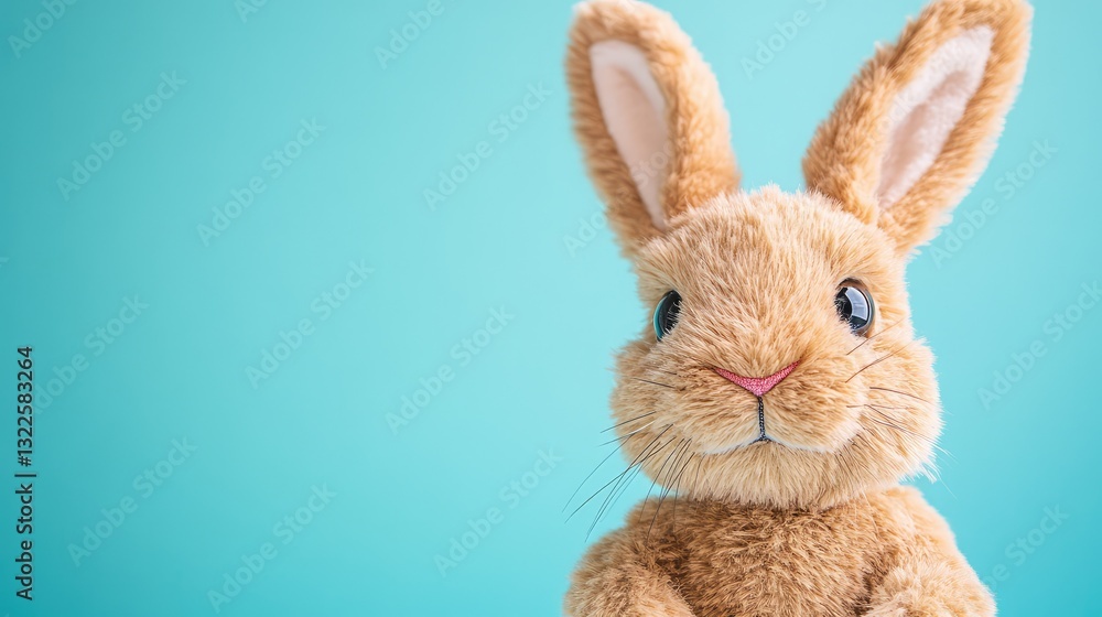 Fototapeta premium Close-up of an Easter Bunny plush face, soft and adorable, on a pastel background with copy space.