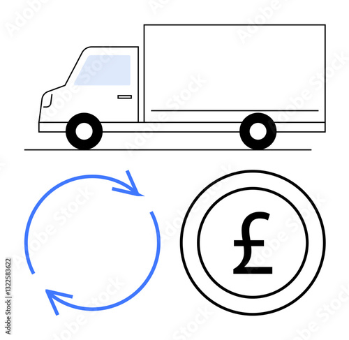 Truck illustration with blue circular arrows and coin symbol. Ideal for logistics, supply chain, shipping, economy, cost efficiency, financial services, sustainability. Flat simple metaphor