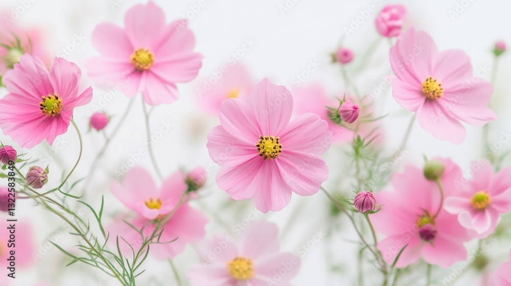 Pink Cosmos Flowers Blooming in the White Light of Morning Pink Cosmos Flowers Blooming in the White Light of Morning