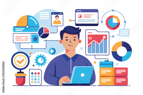 Data analyst oversees and governs income, expenses with magnifier. Financial management system, finance software, IT management tool concept