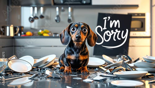 cute guilty dachshund puppy in the kitchen among broken dishes with a sign saying i'm sorry