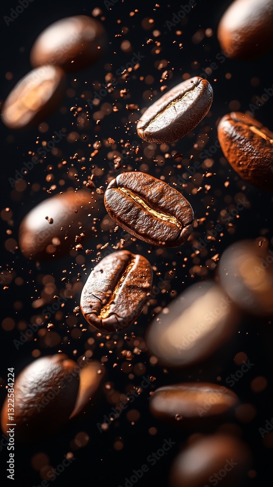 Coffee beans in mid-fall, roasted and contrasting against a dark background Coffee beans in mid-fall, roasted and contrasting against a dark background