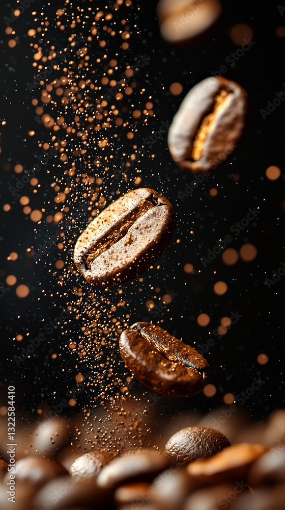 Detailed shot of roasted coffee beans descending through the air Detailed shot of roasted coffee beans descending through the air
