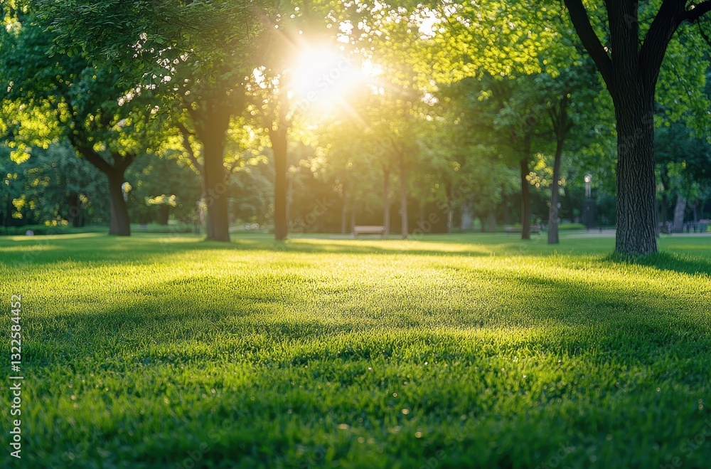 Naklejka premium Serene Green Meadow in Warm Golden Light with Lush Grass and Towering Trees Under a Radiant Sun During Early Morning Hours in a Tranquil Park Setting