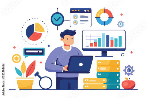 Data analyst oversees and governs income, expenses with magnifier. Financial management system, finance software, IT management tool concept