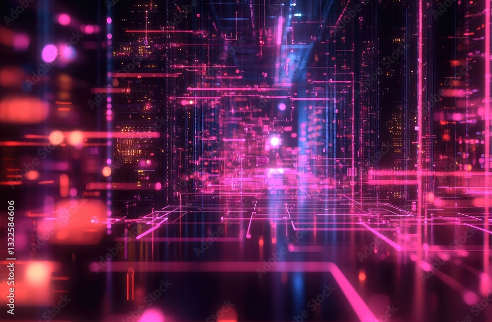 Futuristic digital city. Complex network of glowing lines and squares. Dynamic interplay of vibrant colors Futuristic digital city. Complex network of glowing lines and squares. Dynamic interplay of vibrant colors