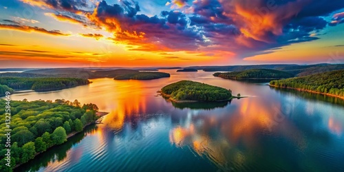 Grand Lake O' the Cherokees Oklahoma Sunset Aerial Drone Panoramic View