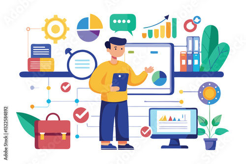 Data analyst oversees and governs income, expenses with magnifier. Financial management system, finance software, IT management tool concept