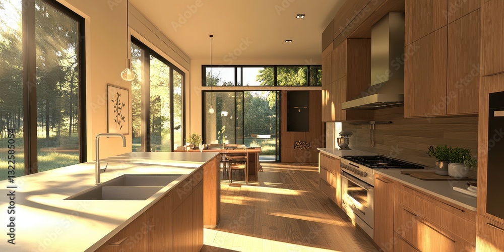Fototapeta premium Modern open plan kitchen with large windows and natural light