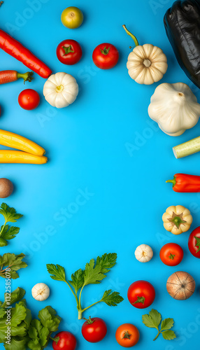 Different vegetables and fruits on blue background, copy space, dinamic scene. with white shades