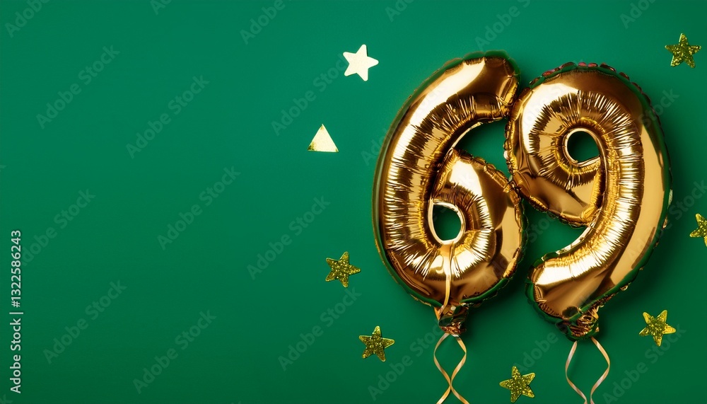 Banner with number 69 balloons on green background with copy space. Generated image Banner with number 69 balloons on green background with copy space. Generated image