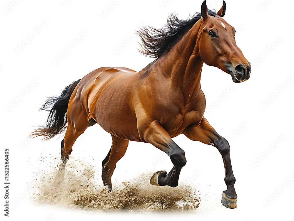 Naklejka premium A muscular chestnut-colored horse gallops powerfully forward mane flowing with dust kicking up from beneath its hooves against a white backdrop.