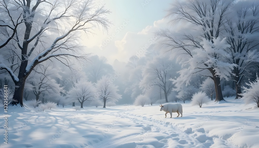Fototapeta premium A Lone White Sheep Peacefully Traverses A Pristine, Snow-covered Winter Wonderland, Sunlight Filtering Through Frost-laden Trees In A Serene, Tranquil Scene