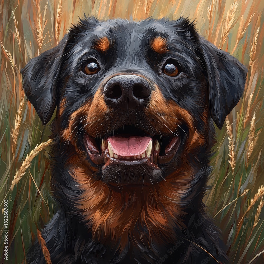 Sunlight bathes a Rottweiler dog that lies on a grassy clearing, with numerous insects buzzing around it Sunlight bathes a Rottweiler dog that lies on a grassy clearing, with numerous insects buzzing around it