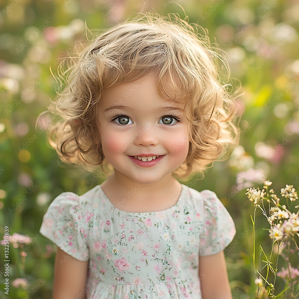 A charming young child smiling amidst a vibrant flower field A charming young child smiling amidst a vibrant flower field