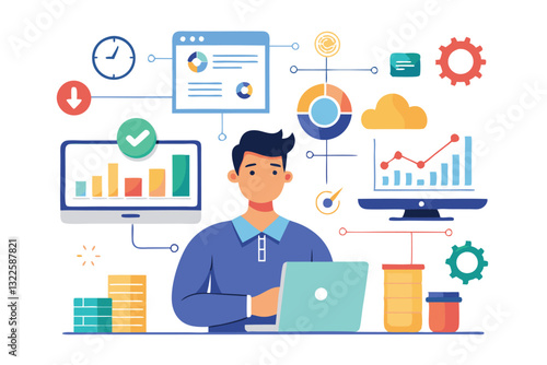 Data analyst oversees and governs income, expenses with magnifier. Financial management system, finance software, IT management tool concept