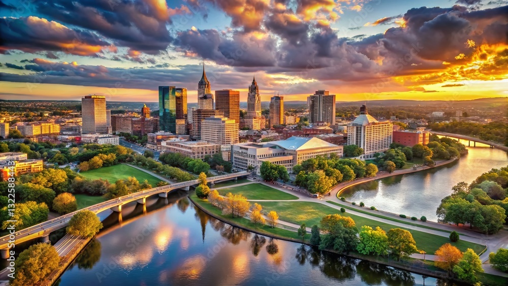 Naklejka premium Hartford Connecticut Downtown Skyline Aerial View - Stunning Cityscape Photography