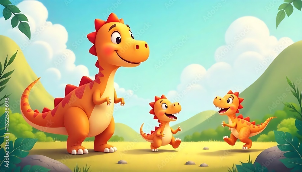 Naklejka premium illustration of a friendly dinosaur standing in a lively prehistoric landscape with her two dinosaur children, Cartoon dinosaur characters, created with generative ai