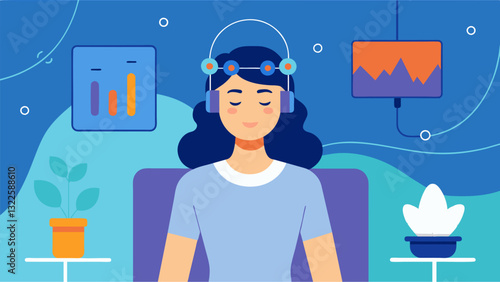 During the biofeedback therapy session the woman becomes more aware of how her thoughts and emotions can affect her physical responses.. Vector illustration