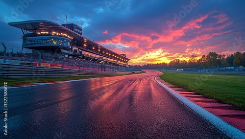 Motion blur captures an F1 race track circuit road leading to a grandstand stadium, ready for electrifying Formula One competitions