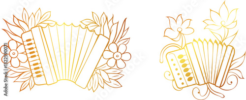 set of golden color Elegant Accordion with Botanical Flowers Line Art Vector Design accordion line art, botanical flowers vector, accordion floral design, musical instrument illustration, floral 