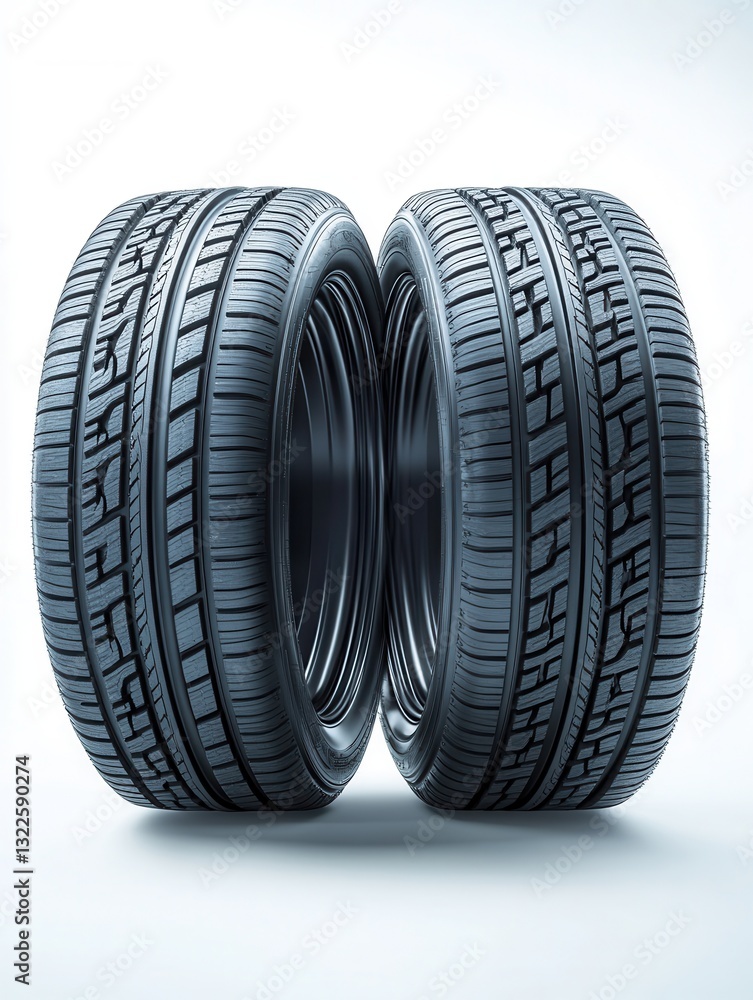 Two car tires with visible tread patterns positioned on a plain white background emphasizing their detailed design and quality Two car tires with visible tread patterns positioned on a plain white background emphasizing their detailed design and quality