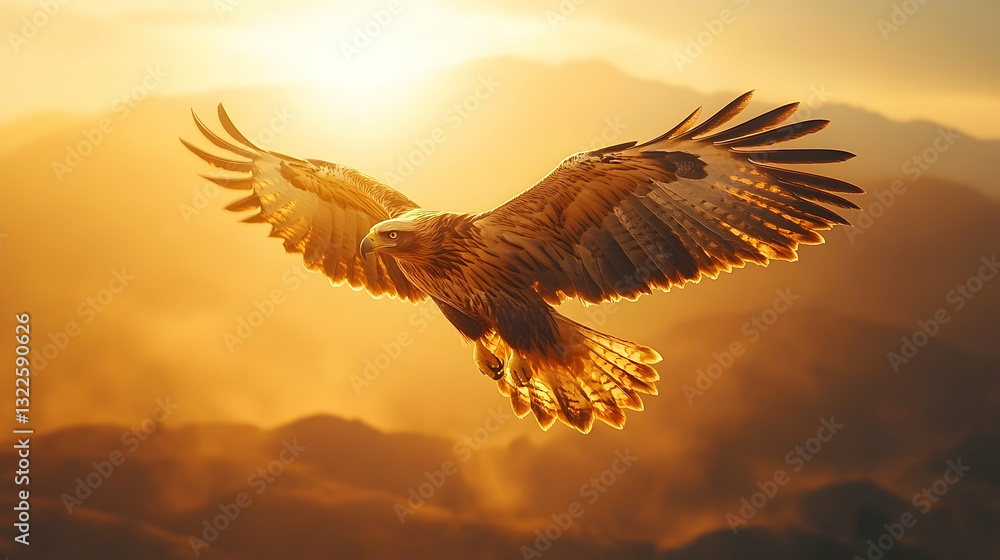 Fototapeta premium Golden Eagle Soaring Above Mountain Sunrise