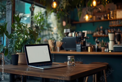 Laptop in Cafe: A modern laptop rests on a wooden table inside a cozy cafe, plants in the background, setting the scene for a productive, connected moment.