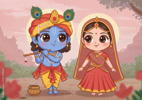 Lord Krishna, with his beloved Radha, depicted in playful harmony.