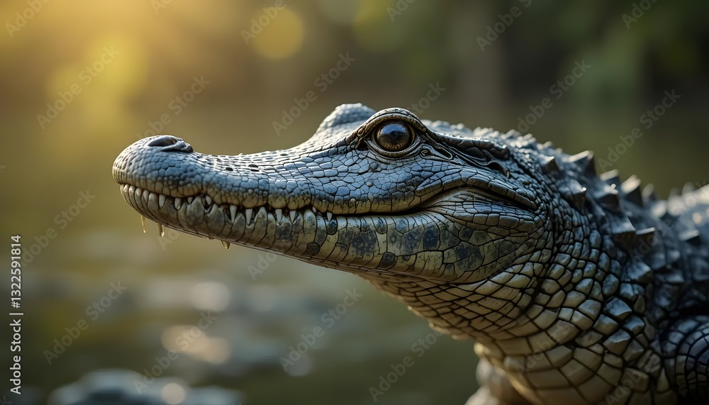 Obraz premium A Young Crocodile Basks In The Golden Sunlight, Its Textured Skin Gleaming, A Captivating Portrait Of Wildlife In Its Natural Habitat