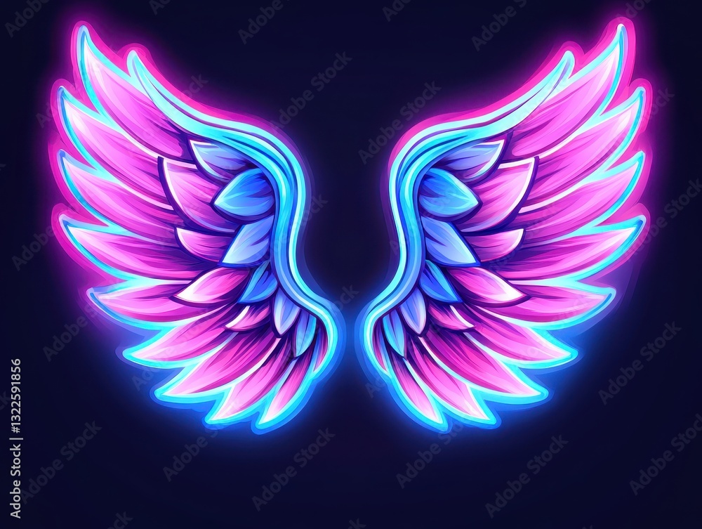 Fototapeta premium Vibrant Neon Wings with a Dark Background, Symbolizing Freedom and Imagination
