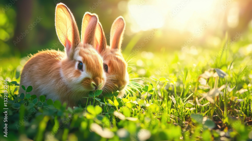 Fototapeta premium Relaxing rabbits nibbling on clover in peaceful meadow at sunset