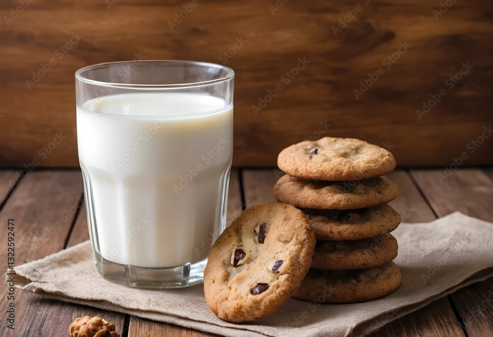 A glass of milk next to chocolate chip cookies on a rustic wooden table. The warm, natural light enhances the cozy and inviting atmosphere, with no hands or complex elements in the scene.