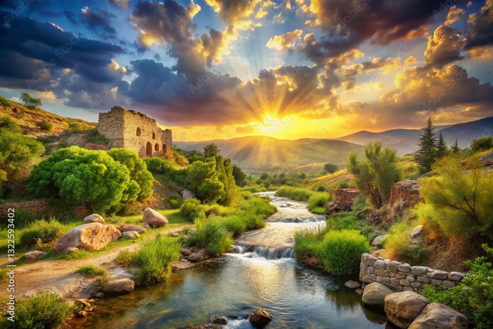 Fototapeta premium Jordan River Landscape: Double Exposure of Ancient Ruins and Lush Nature