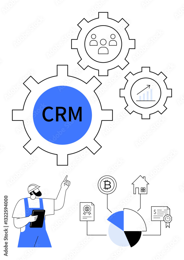 Gears labeled CRM, user data, and analytics, connected to finance icons including pie chart, Bitcoin, and property. Ideal for business management, data analysis, workflow technology finance Gears labeled CRM, user data, and analytics, connected to finance icons including pie chart, Bitcoin, and property. Ideal for business management, data analysis, workflow technology finance