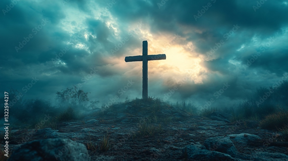 Religious cross on hill with dramatic sky Religious cross on hill with dramatic sky
